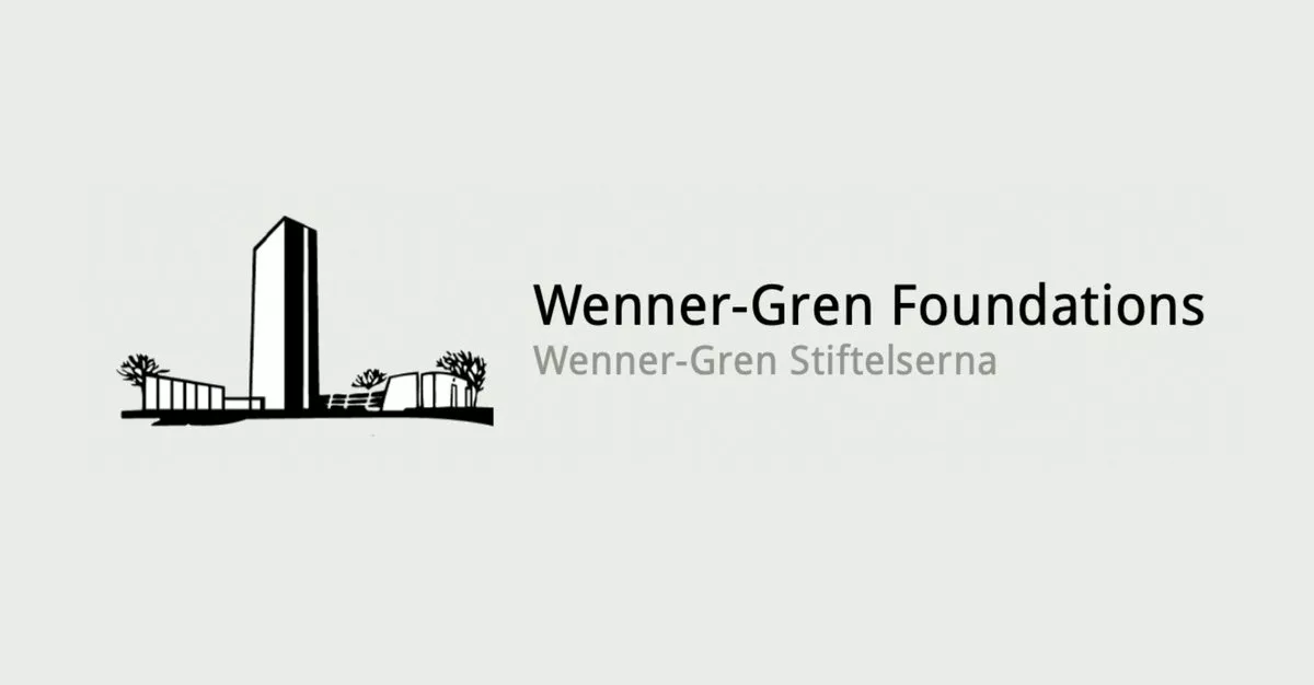 Logo for the Wenner-Gren foundations, Wenner-Gren stiftelserna, with a beige background and a black drawing of the Wenner-Gren center buildings.